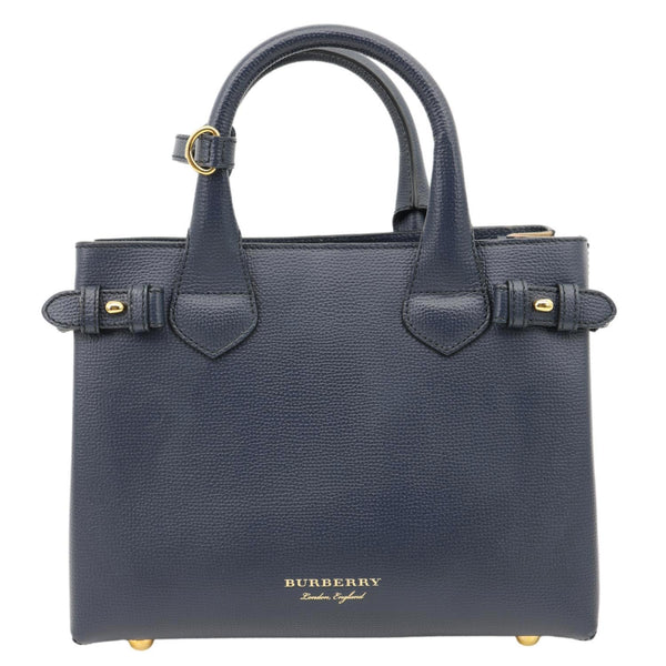 BURBERRY Banner Small House Check Leather Tote Bag Navy Blue