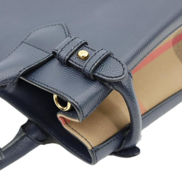 BURBERRY Banner Small House Check Leather Tote Bag Navy Blue