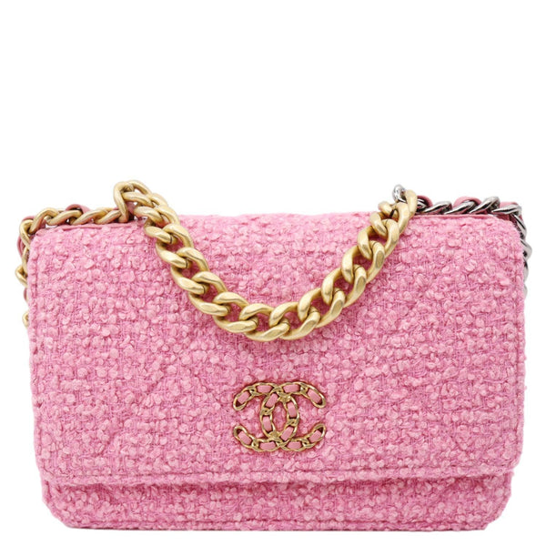 CHANEL 19 Flap Wool Tweed Wallet On Chain Shoulder Bag Pink