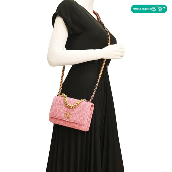 CHANEL 19 Flap Wool Tweed Wallet On Chain Shoulder Bag Pink