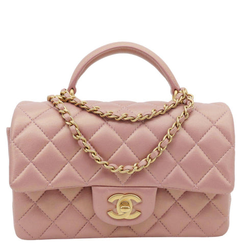 CHANEL Classic Rectangular Flap Mini Quilted Leather Top Handle Crossbody Bag Rose Pink