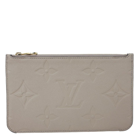 LOUIS VUITTON Neverfull Pochette Giant Monogram Empreinte Leather Wristlet Beige