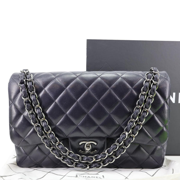 CHANEL Jumbo Classic Double Flap Quilted Lambskin Leather Shoulder Bag Navy Blue