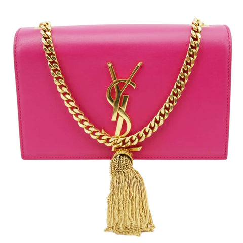 YVES SAINT LAURENT Kate Tassel Small Pebbled Leather Chain Crossbody Bag Pink