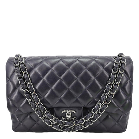 CHANEL Jumbo Classic Double Flap Quilted Lambskin Leather Shoulder Bag Navy Blue