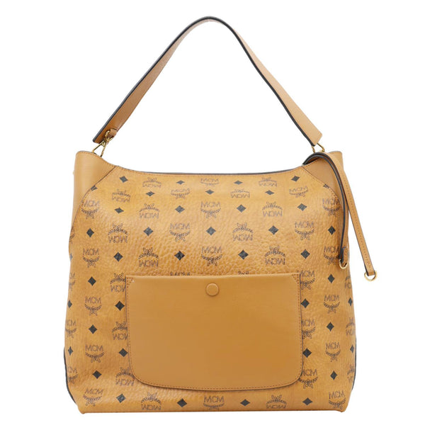 MCM Klara Monogram Visetos Leather Hobo Bag Cognac
