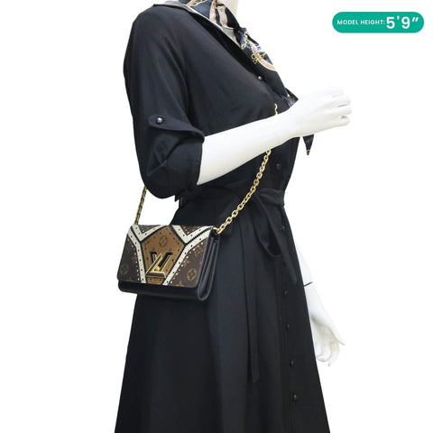 LOUIS VUITTON Twist Veau Satin Monogram Canvas Chain Wallet Brown