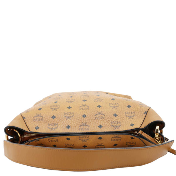 MCM Klara Monogram Visetos Leather Hobo Bag Cognac