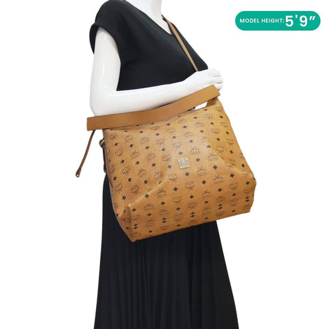 MCM Klara Monogram Visetos Leather Hobo Bag Cognac