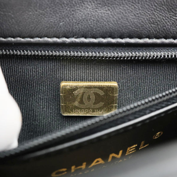 CHANEL Kelly Nano Quilted Shiny Aged Calfskin Leather Tote Crossbody Bag Black