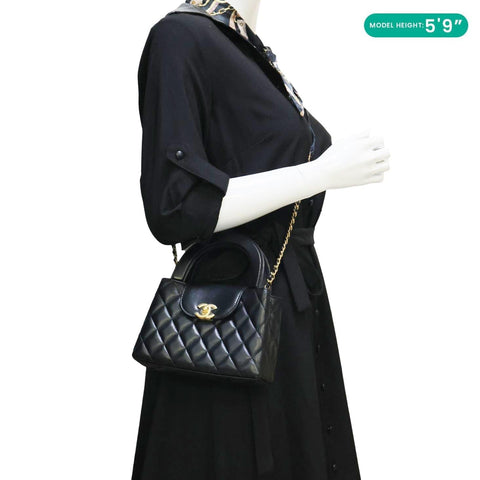 CHANEL Kelly Nano Quilted Shiny Aged Calfskin Leather Tote Crossbody Bag Black