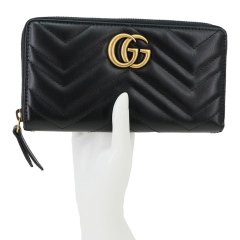 GUCCI GG Marmont Matelasse Chevron Leather Zip Around Wallet Black 443123