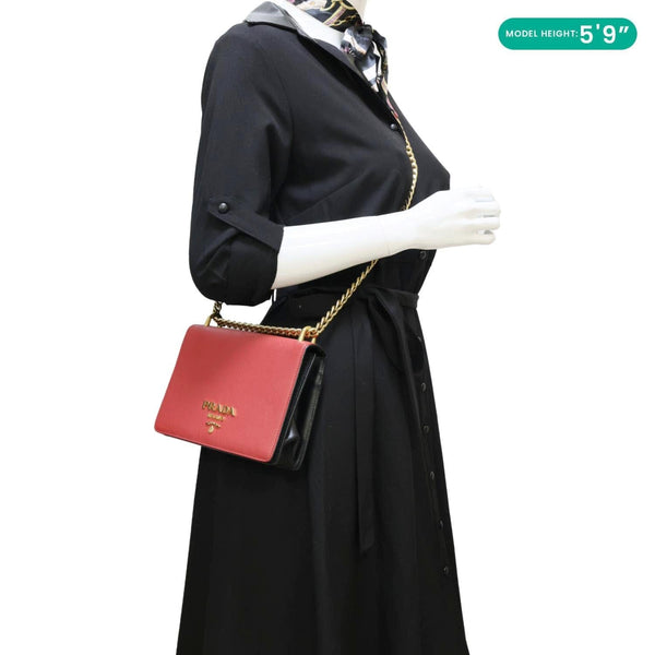 PRADA Chain Flap Saffiano Leather Crossbody Bag Red
