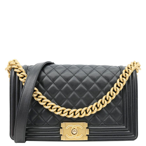 CHANEL Boy Flap Medium Chevron Lambskin Leather Chain Shoulder Bag Black