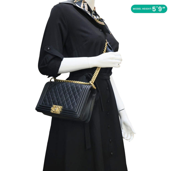 CHANEL Boy Flap Medium Chevron Lambskin Leather Chain Shoulder Bag Black