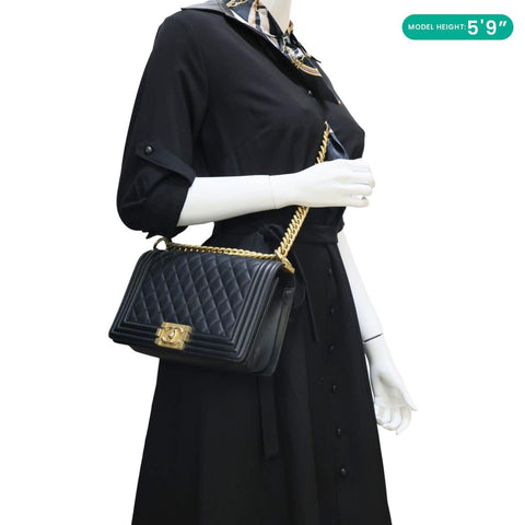 CHANEL Boy Flap Medium Chevron Lambskin Leather Chain Shoulder Bag Black