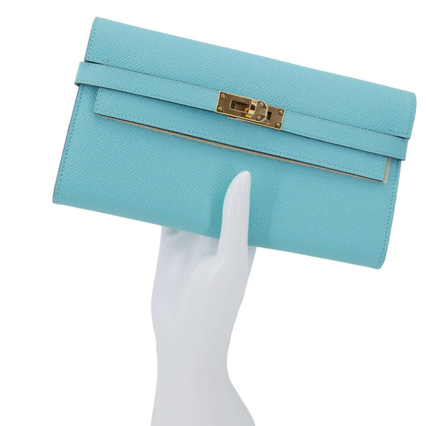 HERMES Kelly Calfskin Epsom Leather Long Wallet Blue