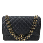 CHANEL Classic Double Flap Large Quilted  Caviar Leather Shoulder Bag Black