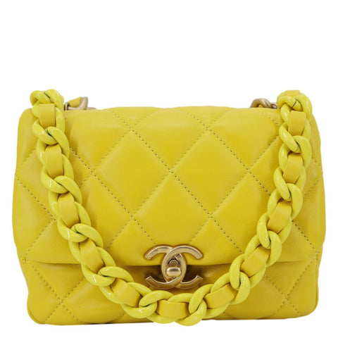 CHANEL CC Flap Candy Chain Mini Quilted Lambskin Leather Crossbody Bag Yellow