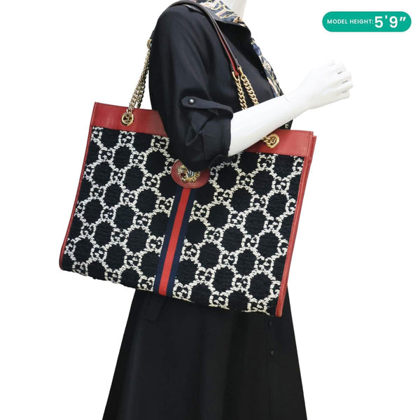 GUCCI Rajah GG Tweed Chain Tote Bag Black 537219