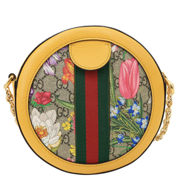 GUCCI Ophidia Mini Flora GG Round Supreme Monogram Web Crossbody Bag Yellow 550618