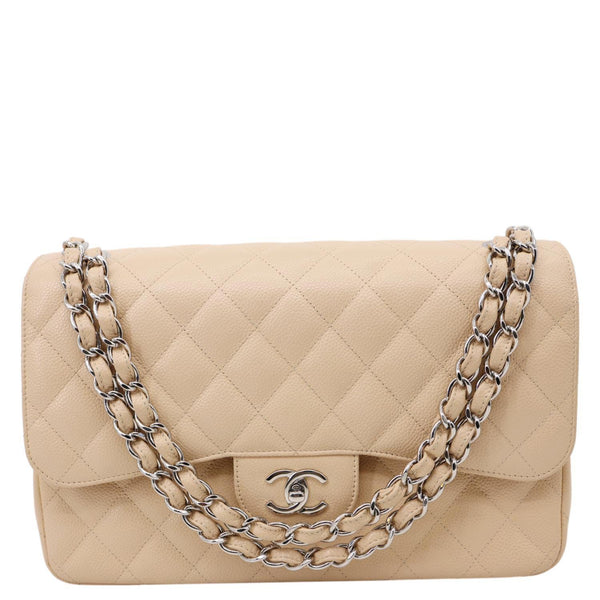 CHANEL Jumbo Classic Double Flap Caviar Leather Shoulder Bag Cream