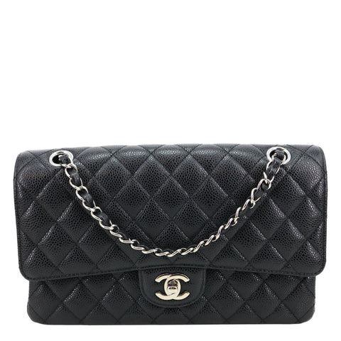 CHANEL Classic Double Flap Medium Quilted Caviar Leather Shoulder Bag Black