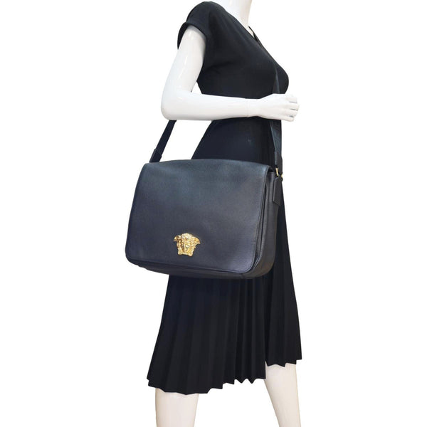 VERSACE Medusa Head Leather Messenger Bag Black