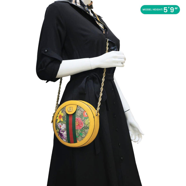GUCCI Ophidia Mini Flora GG Round Supreme Monogram Web Crossbody Bag Yellow 550618