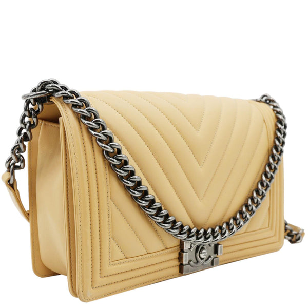 CHANEL Boy Flap Medium Chevron Calfskin Leather Chain Shoulder Bag Beige