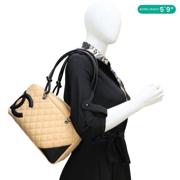 CHANEL Cambon Ligne Quilted Leather Bowler Tote Bag Beige