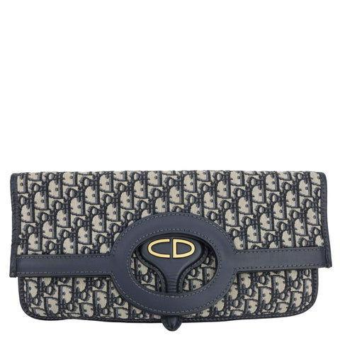 CHRISTIAN DIOR Fold Over Oblique Monogram Canvas Clutch Navy Blue
