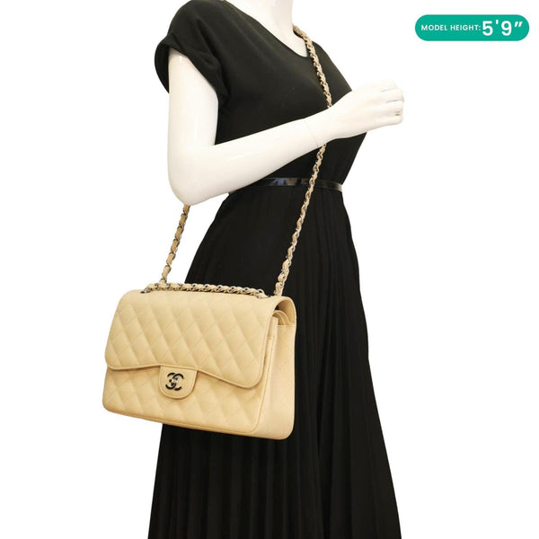 CHANEL Jumbo Classic Double Flap Caviar Leather Shoulder Bag Cream