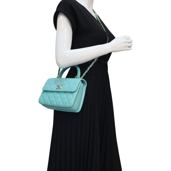 CHANEL Trendy CC Flap Mini Quilted Lambskin Top Handle Shoulder Bag Turquoise