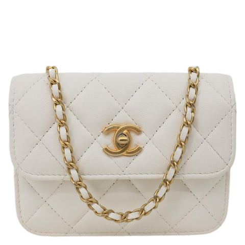 CHANEL Pearl Crush Flap Quilted Lambskin Leather Clutch With Chain White