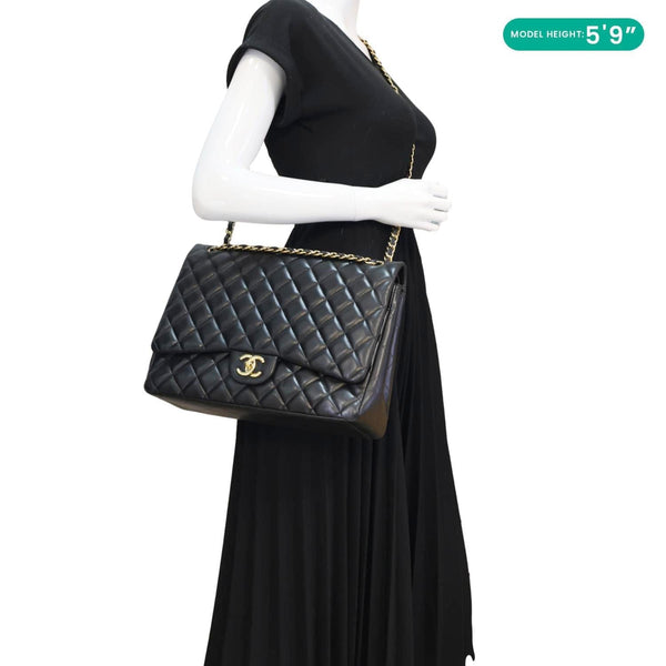 CHANEL Maxi Classic Double Flap Black Quilted Caviar Leather Shoulder Bag 