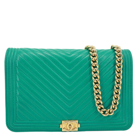 CHANEL Boy Flap Leather Wallet On Chain Crossbody Bag Green