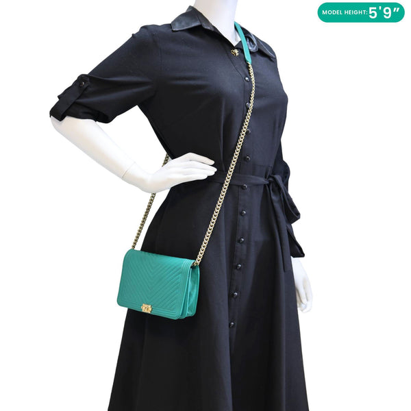 CHANEL Boy Flap Leather Wallet On Chain Crossbody Bag Green