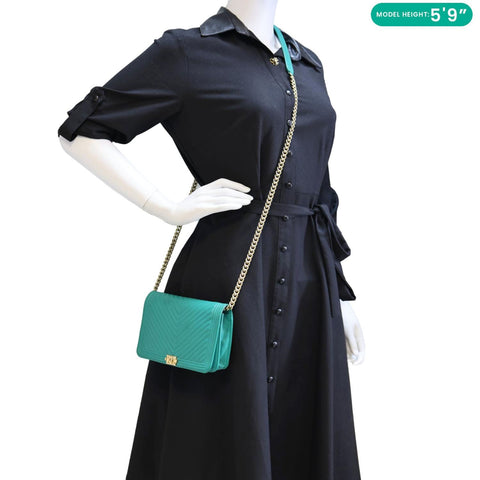 CHANEL Boy Flap Leather Wallet On Chain Crossbody Bag Green