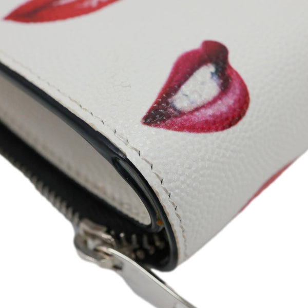 YVES SAINT LAURENT Lip Print Grained Calfskin Leather Wallet White