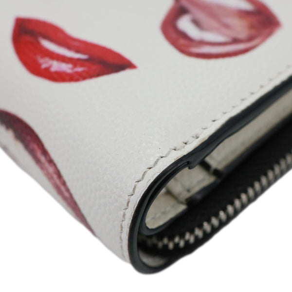 YVES SAINT LAURENT Lip Print Grained Calfskin Leather Wallet White
