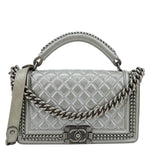 CHANEL Boy Flap Quilted Lambskin Leather Chain Around Top Handle Crossbody Bag Grey