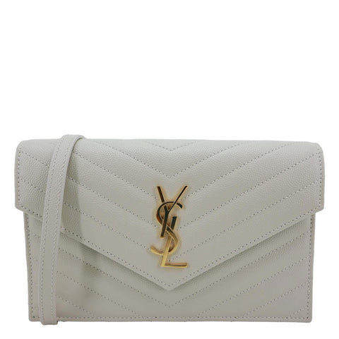 YVES SAINT LAURENT Cassandre Envelope Chevron Grain De Poudre Leather Chain Wallet Off White