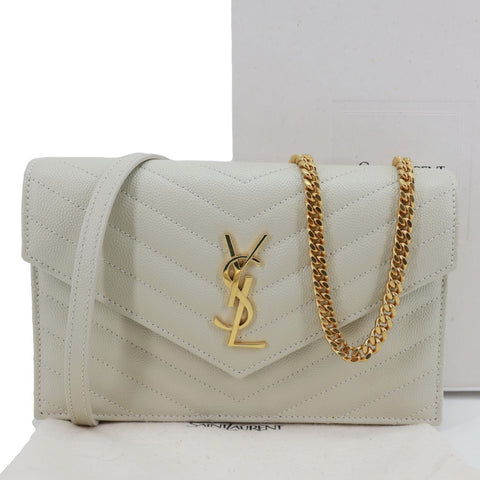 YVES SAINT LAURENT Cassandre Envelope Chevron Grain De Poudre Leather Chain Wallet Off White