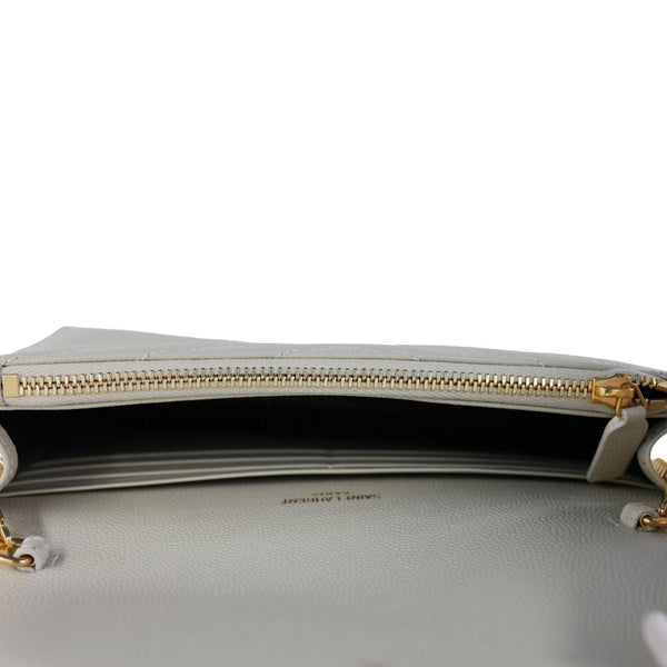 YVES SAINT LAURENT Cassandre Envelope Chevron Grain De Poudre Leather Chain Wallet Off White