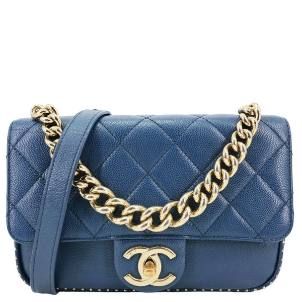CHANEL Studded Straight Lined Flap Small Quilted Caviar Leather Crossb