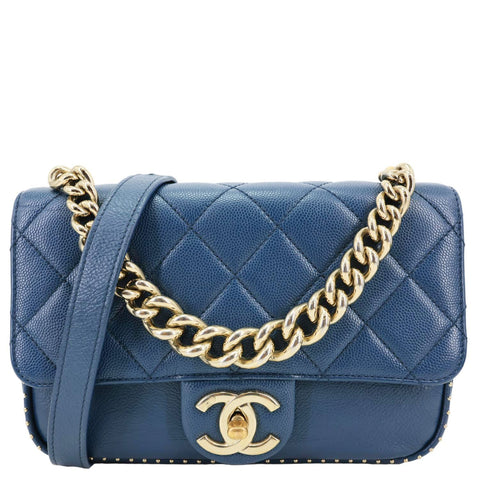 CHANEL Studded Straight Lined Flap Small Quilted Caviar Leather Crossbody Bag Blue