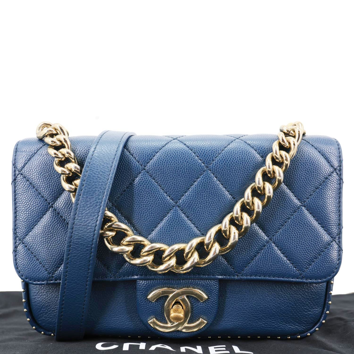CHANEL Studded Straight Lined Flap Small Quilted Caviar Leather Crossb