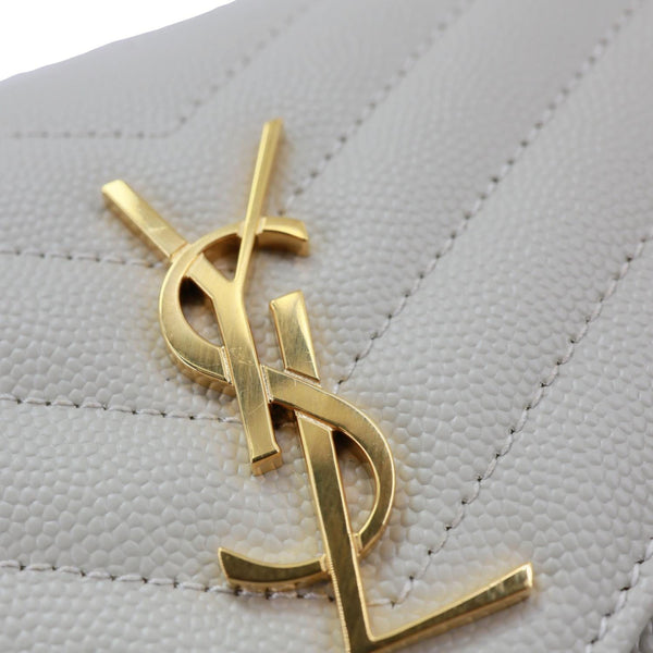 YVES SAINT LAURENT Cassandre Envelope Chevron Grain De Poudre Leather Chain Wallet Off White
