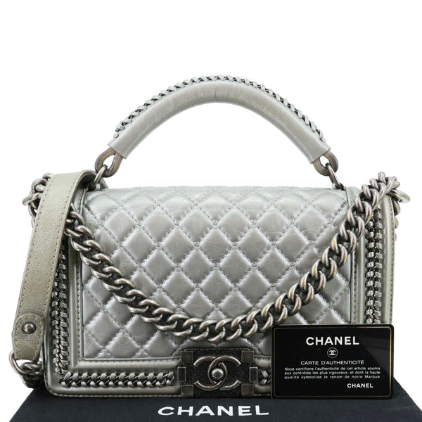 CHANEL Boy Flap Quilted Lambskin Leather Chain Around Top Handle Crossbody Bag Grey